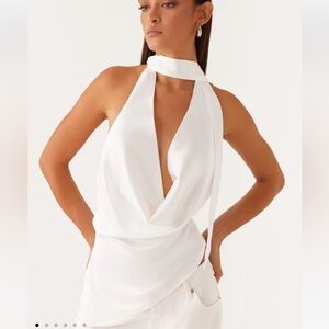 Peppermayo White Satin Halter Cowl Neck Top